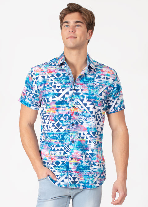 Short Sleeve Dress Shirt with Geometric Fractal Print