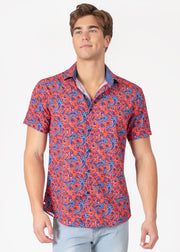 Short Sleeve Red Dress Shirt with Abstract Paisley Print