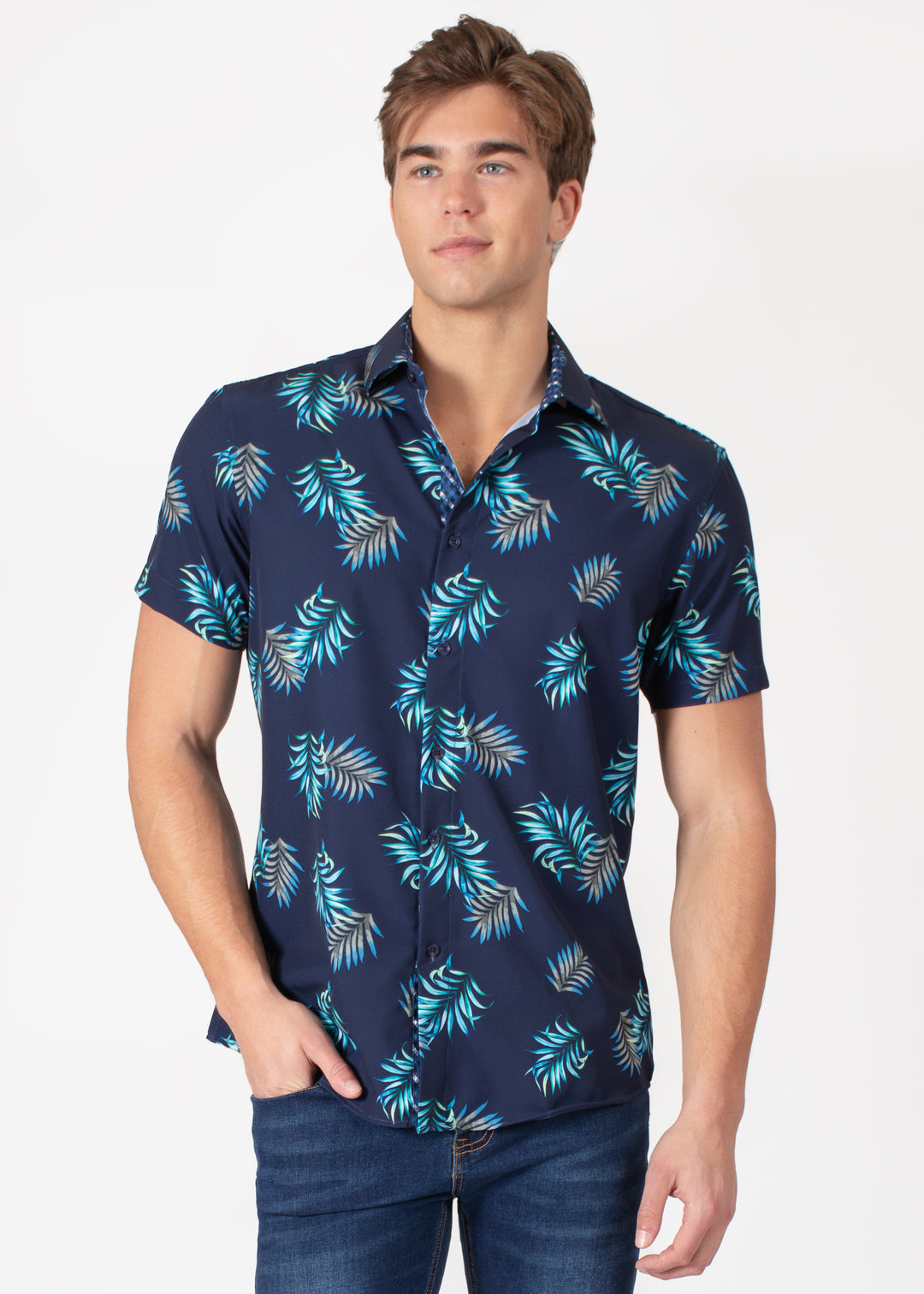 palm dress shirt Short Sleeve Dress Shirt with Palm Print NAVY / 3X