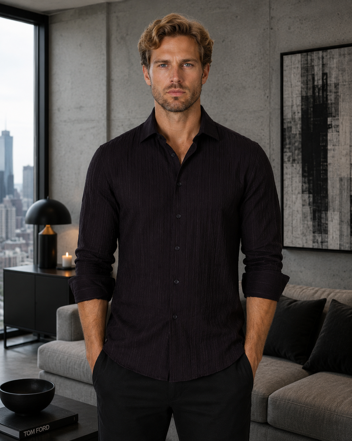 Linen Crinkle Texture Solid Black Button Up Long Sleeve Dress Shirt