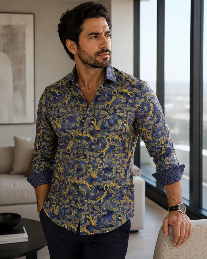 Paisley On Gingham Long Sleeve Dress Shirt Navy