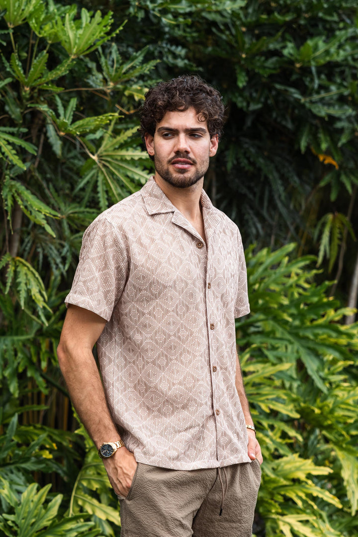 Sahara Geo – Textured Geometric Knit Short Sleeve Button-Up