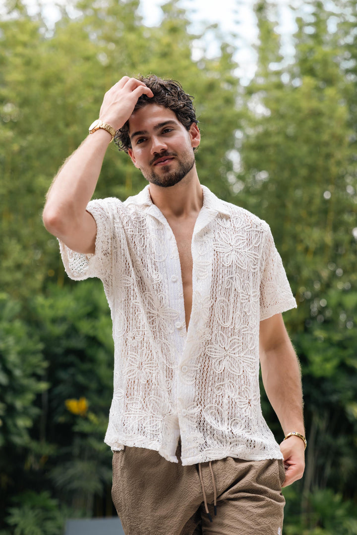 Floral Open Knit Button-Up Short Sleeve Shirt