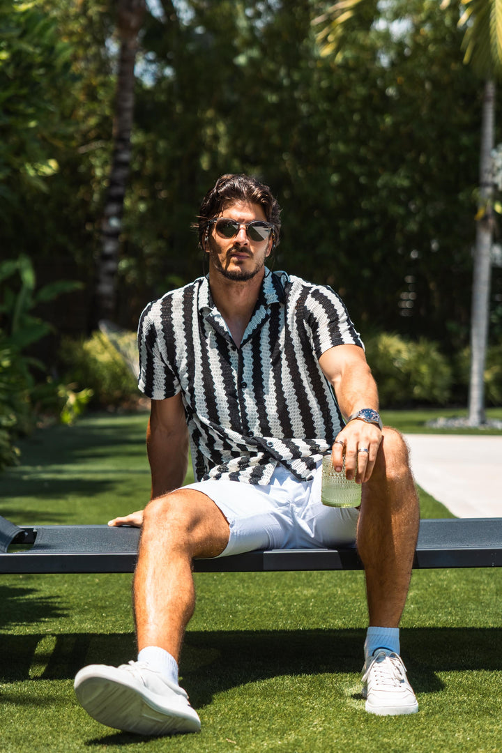 Riviera Wave – Textured Stripe Knit Short Sleeve Button-Up