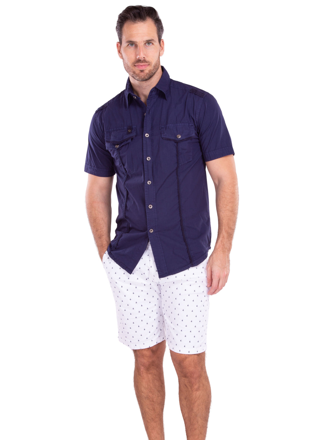 Multi-Pocket Solid Navy Short Sleeve Fishing Shirt