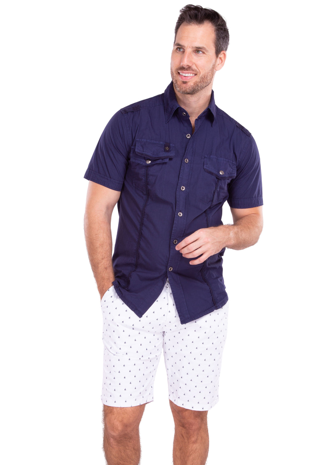 Multi-Pocket Solid Navy Short Sleeve Fishing Shirt