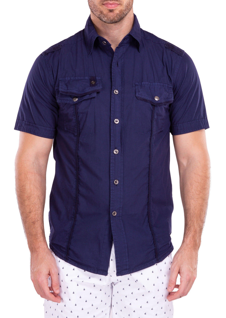 Multi-Pocket Solid Navy Short Sleeve Fishing Shirt