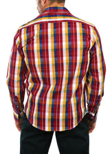 Bold Plaid Pattern Paisley Cuff Long Sleeve Button Up Dress Shirt Red