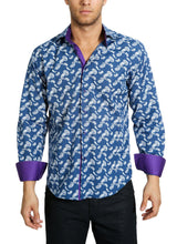 Men's Long Sleeve Dress Shirt with Repeating Paisley Pattern Navy