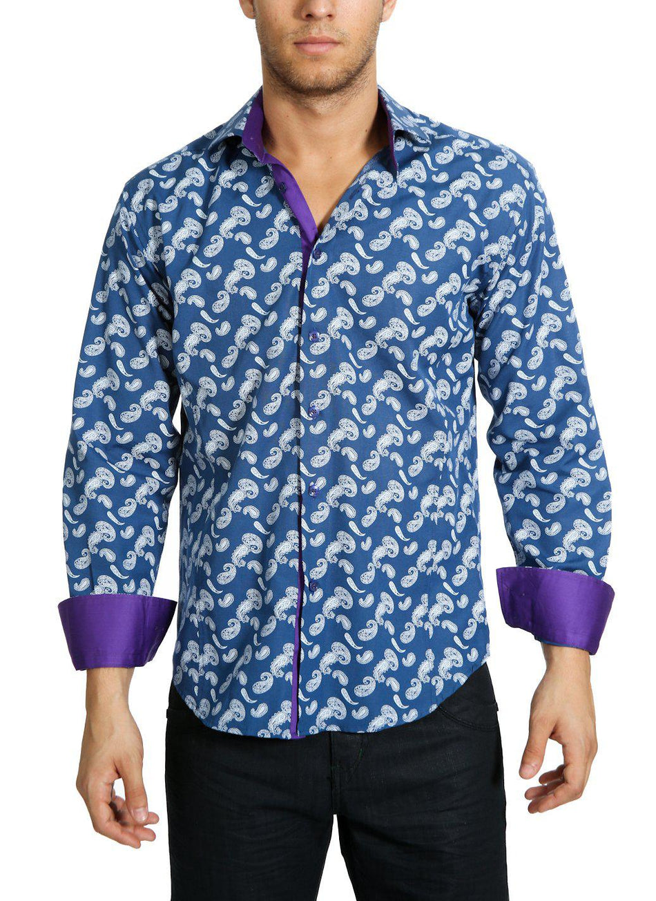 Men's Long Sleeve Dress Shirt with Repeating Paisley Pattern Navy
