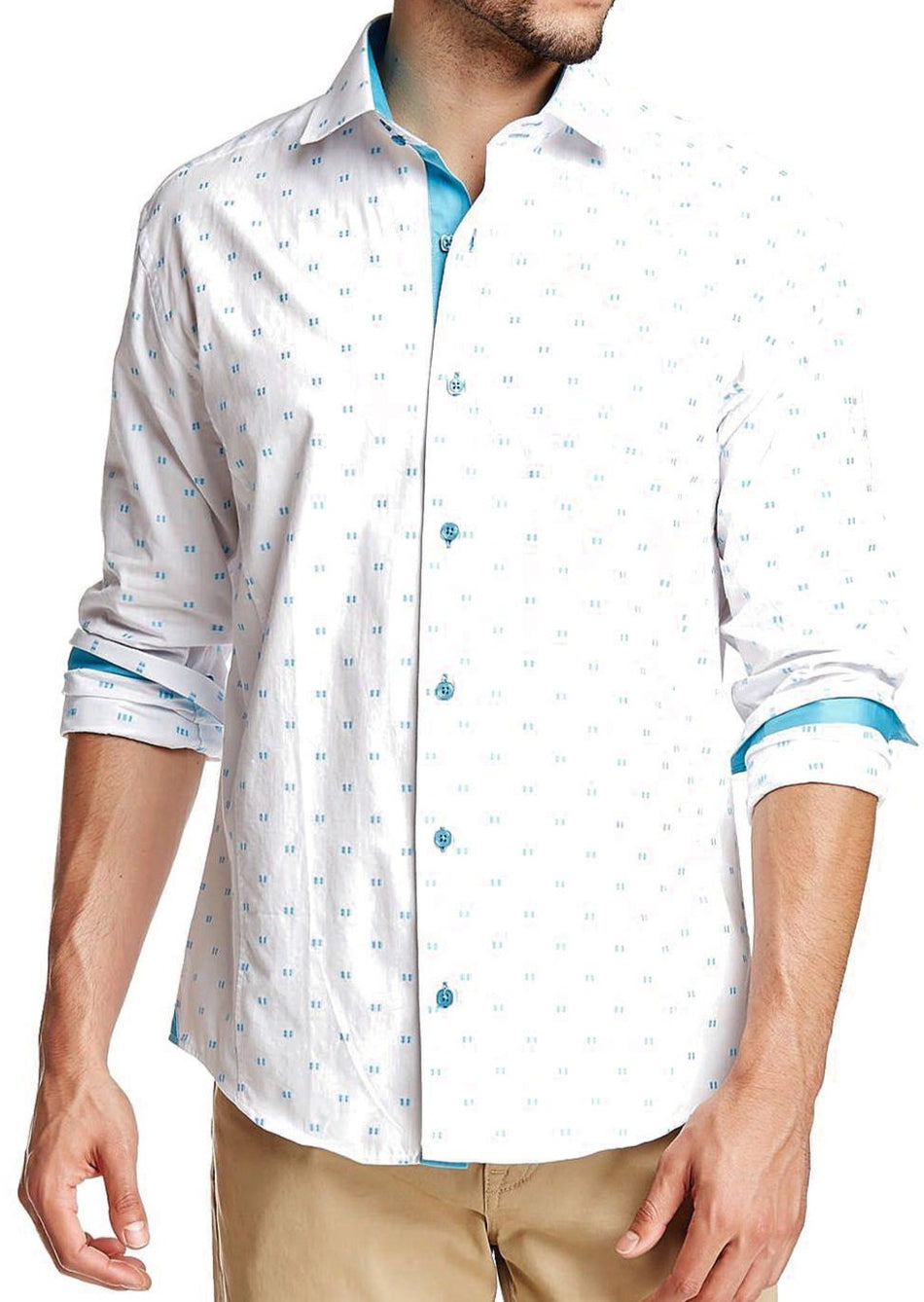 Men's Modern Fit Cotton Button Up Turquoise Dot