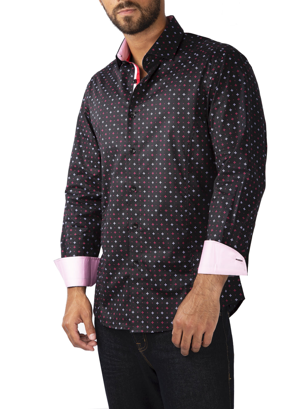 Men's Modern Fit Cotton Button Up Black & Red Diamond Pattern