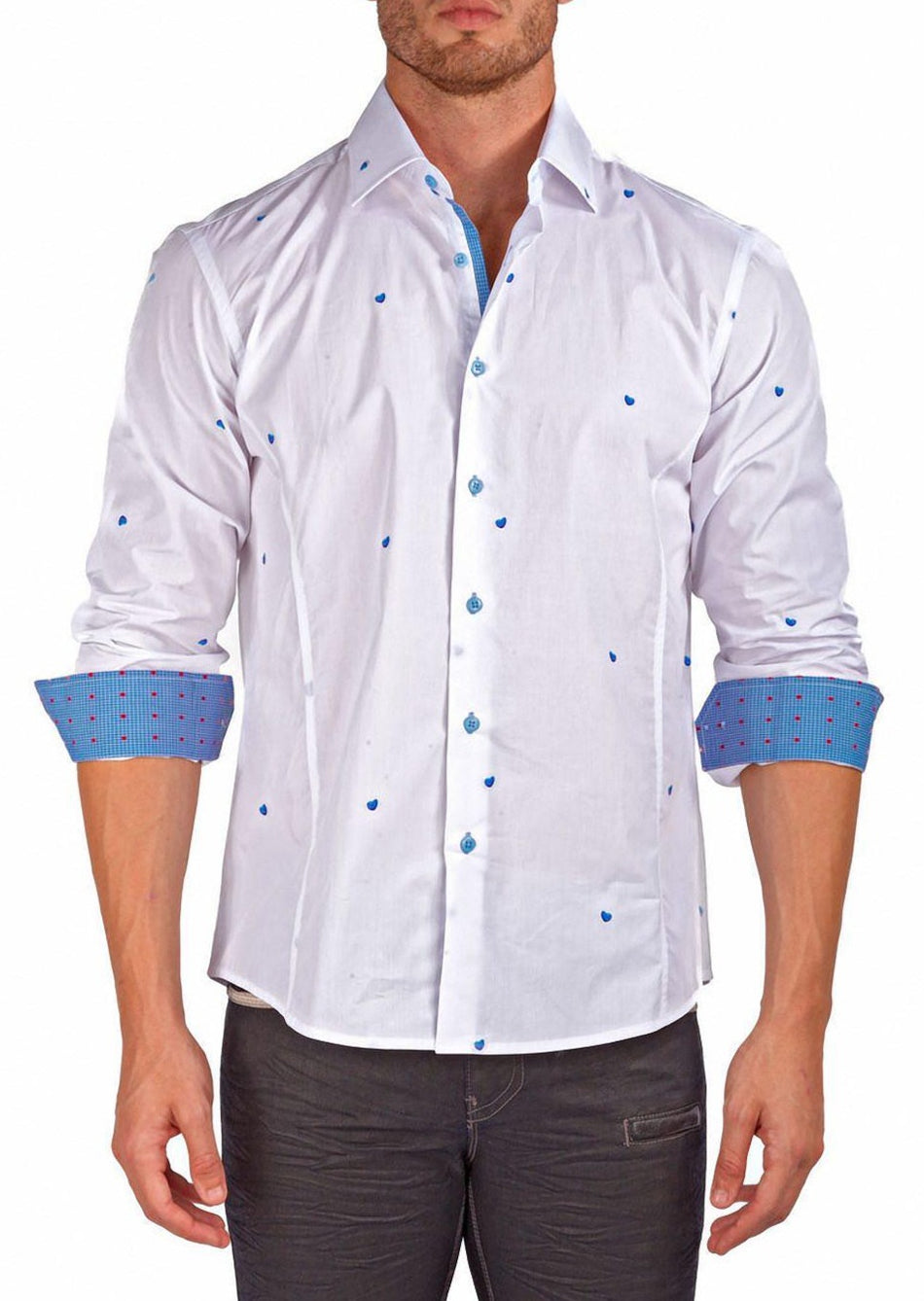 Men's Modern Fit Cotton Button Up Blue Hearts