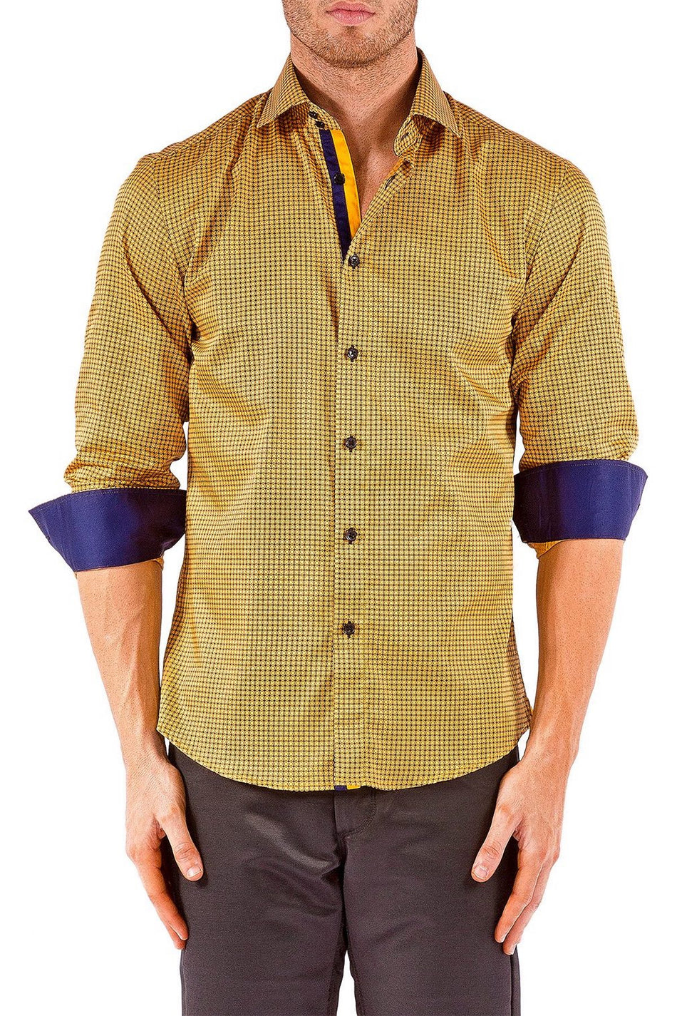 Men's Modern Fit Cotton Button Up Gold Squares