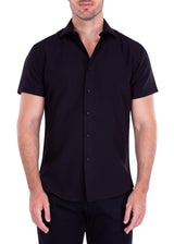 Gingham Texture Solid Black Button Up Short Sleeve Dress Shirt