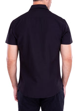 Gingham Texture Solid Black Button Up Short Sleeve Dress Shirt