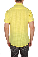 Gingham Texture Solid Yellow Button Up Short Sleeve Dress Shirt
