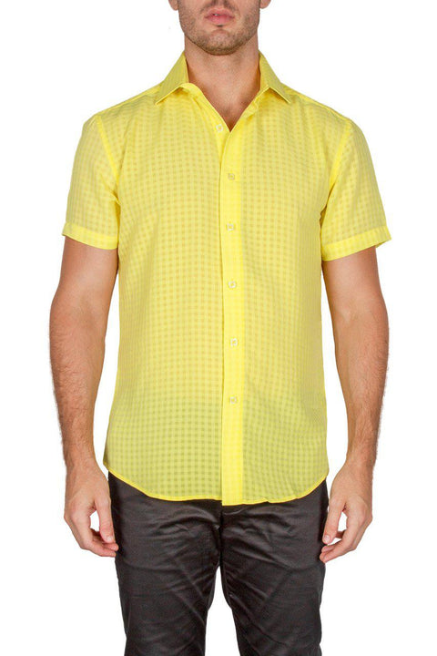 Gingham Texture Solid Yellow Button Up Short Sleeve Dress Shirt