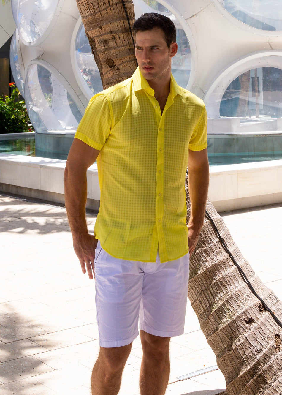 BESPOKE - Mens Yellow Button Up Short Sleeve Dress Shirt - Modern