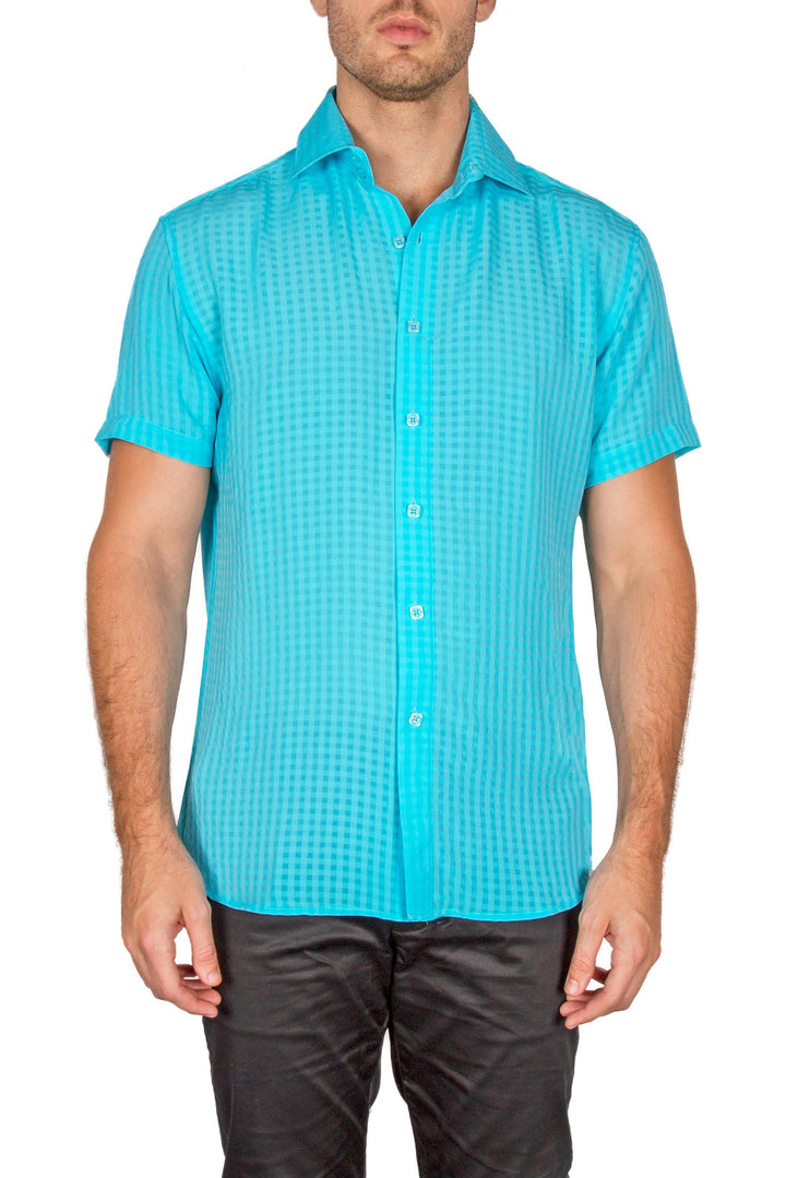 Gingham Texture Solid Turquoise Button Up Short Sleeve Dress Shirt