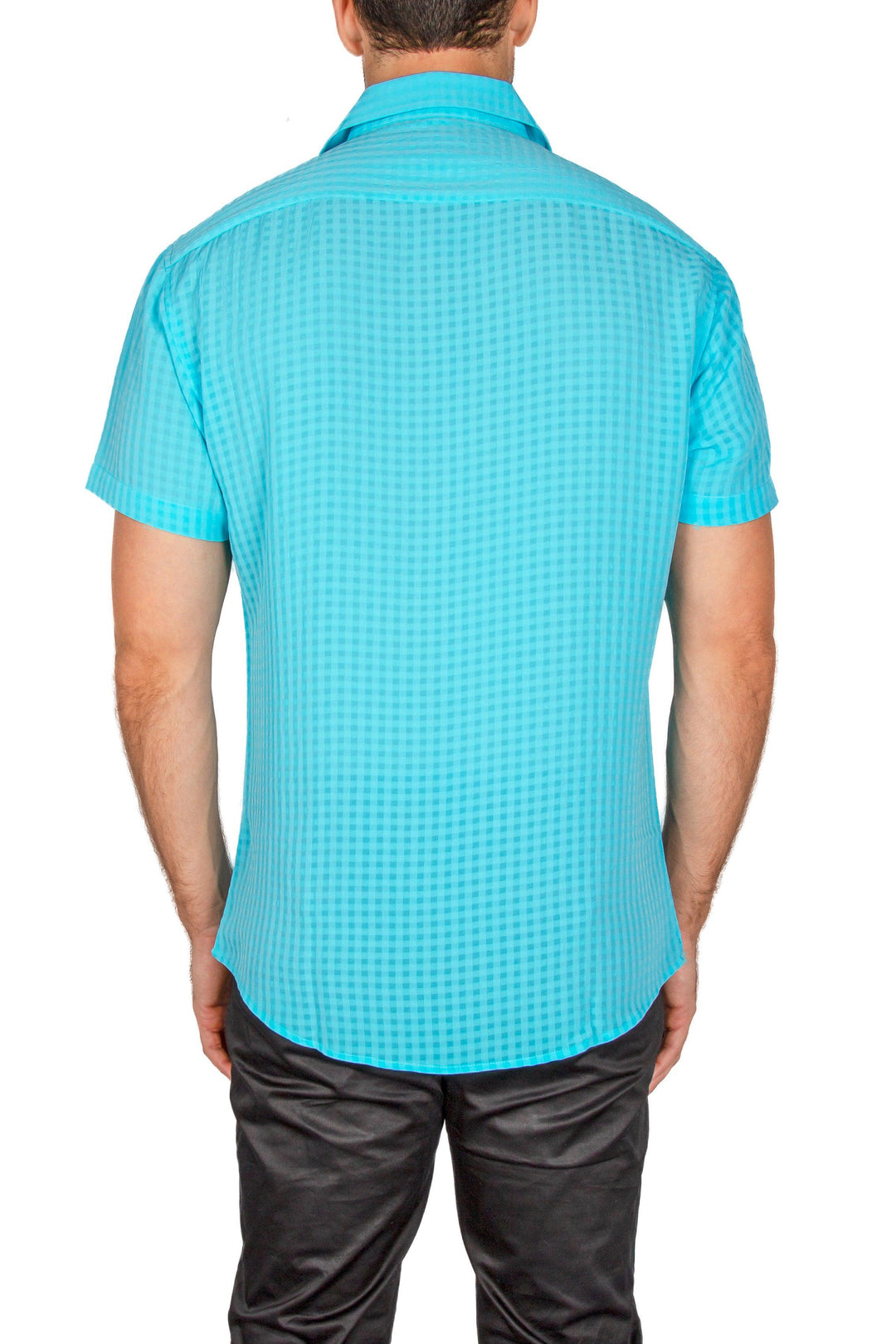 Gingham Texture Solid Turquoise Button Up Short Sleeve Dress Shirt by BESPOKE MODA Gingham Texture Solid Turquoise Button Up Short Sleeve Dress Shirt by BESPOKE MODA