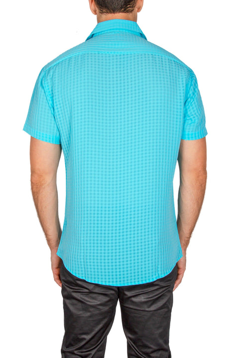 Gingham Texture Solid Turquoise Button Up Short Sleeve Dress Shirt