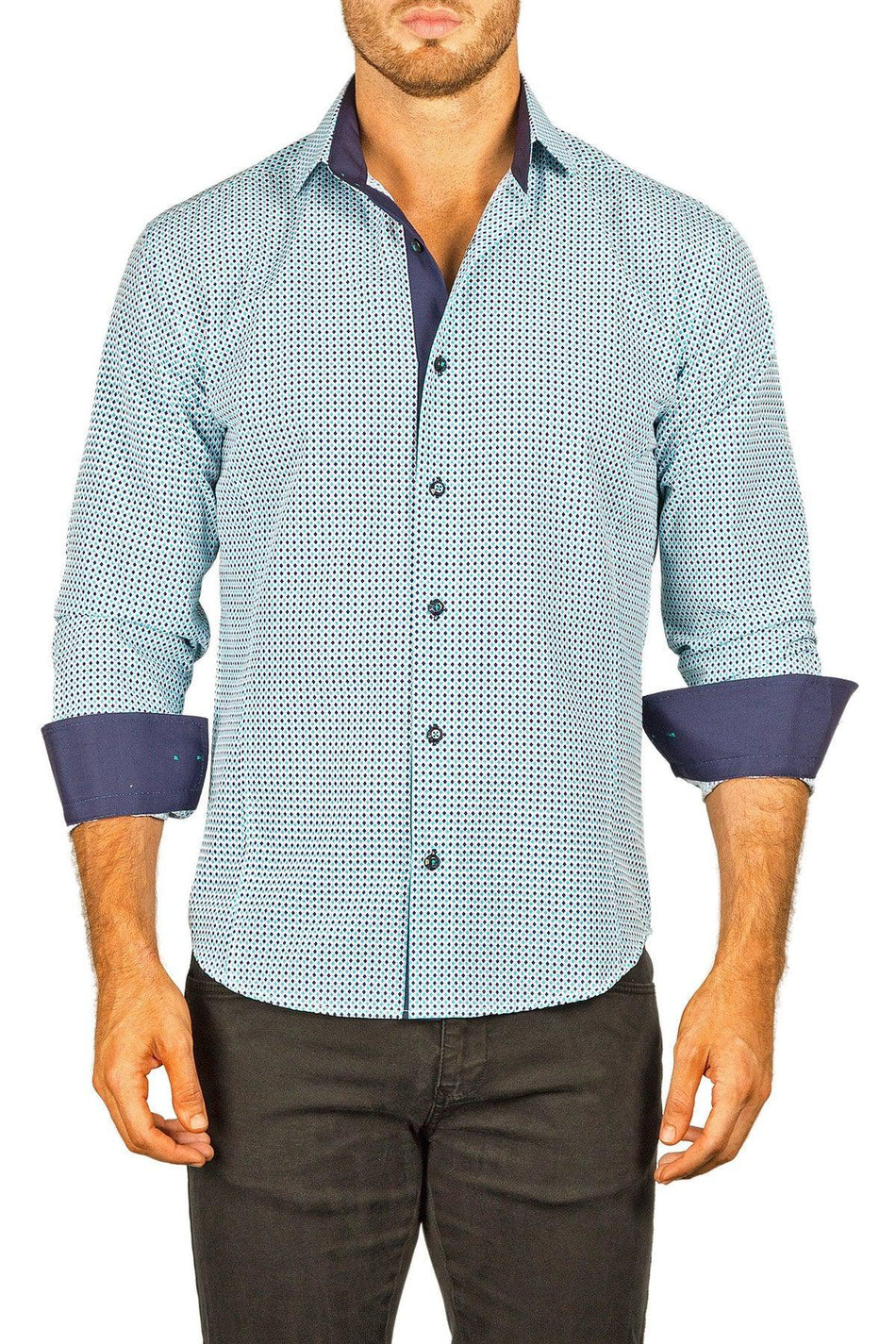 Men's Modern Fit Cotton Button Up Turquoise with Dots