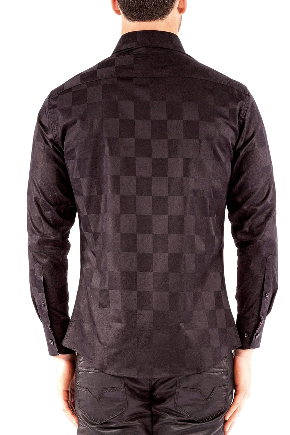 Checkered Texture Solid Black Button Up Long Sleeve Dress Shirt