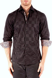 Checkered Texture Solid Black Button Up Long Sleeve Dress Shirt