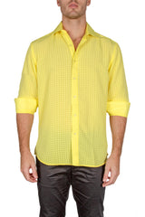 Gingham Texture Solid Yellow Button Up Long Sleeve Dress Shirt
