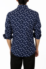 Contrast Flower Print Navy Button Up Long Sleeve Dress Shirt