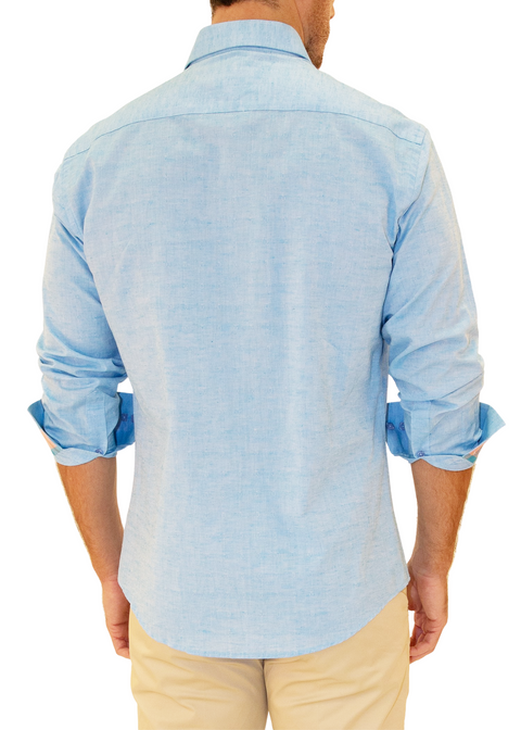 Linen Textured Madras Plaid Contrast Cuff Long Sleeve Dress Shirt Turquoise