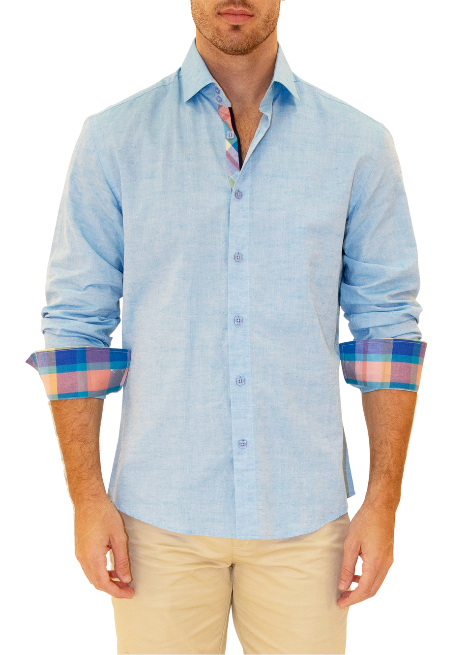 Linen Textured Madras Plaid Contrast Cuff Long Sleeve Dress Shirt Turquoise