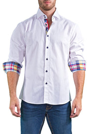 Linen Textured Madras Plaid Contrast Cuff Long Sleeve Dress Shirt White