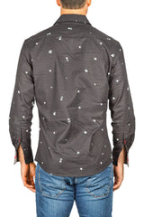 Zig-Zag Texture Pyramid Print Black Button Up Long Sleeve Dress Shirt