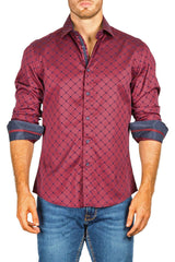 Men's Modern Fit Cotton Button Up Burgundy Checker