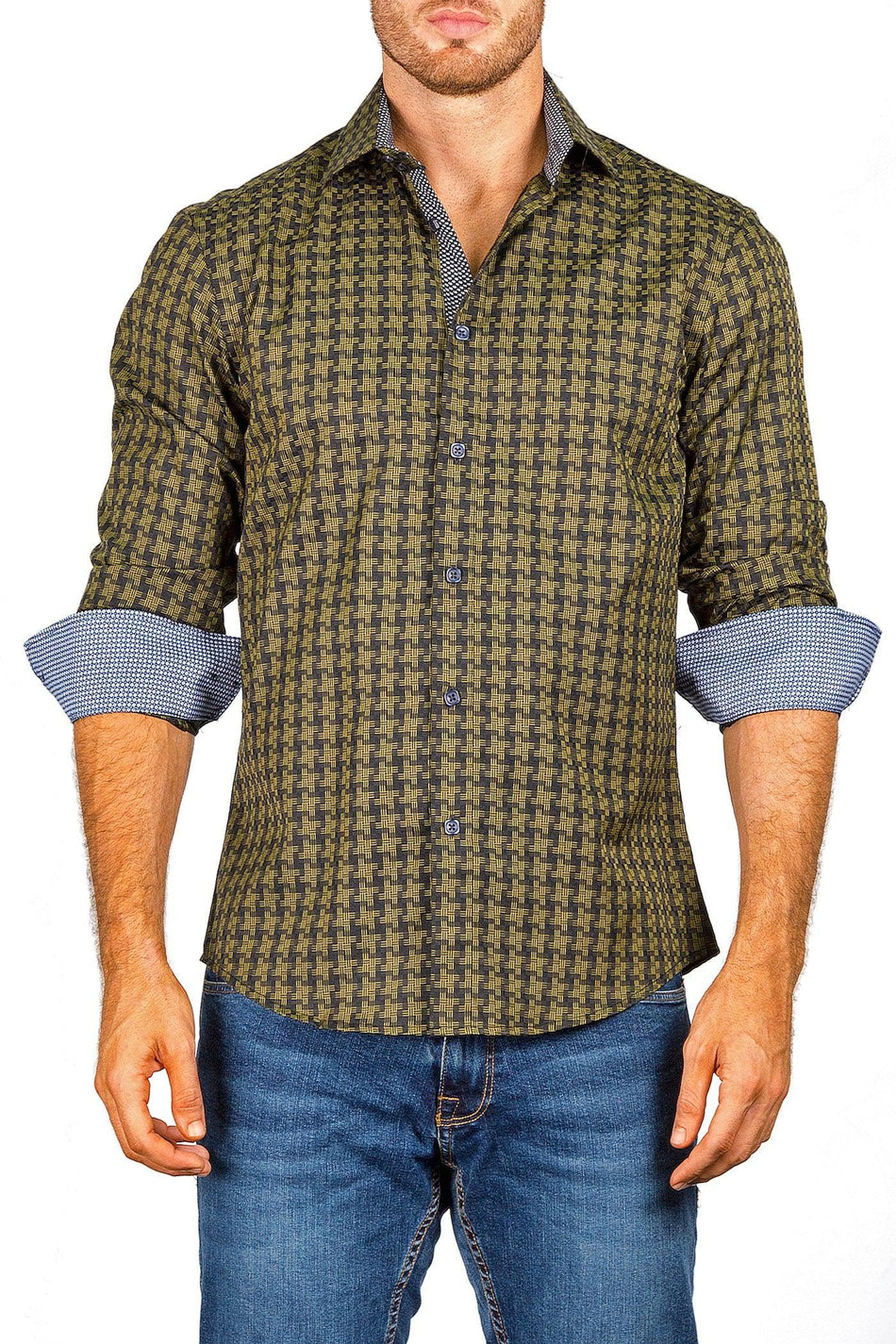 Men's Modern Fit Cotton Button Up Olive Checkered Crosshatch