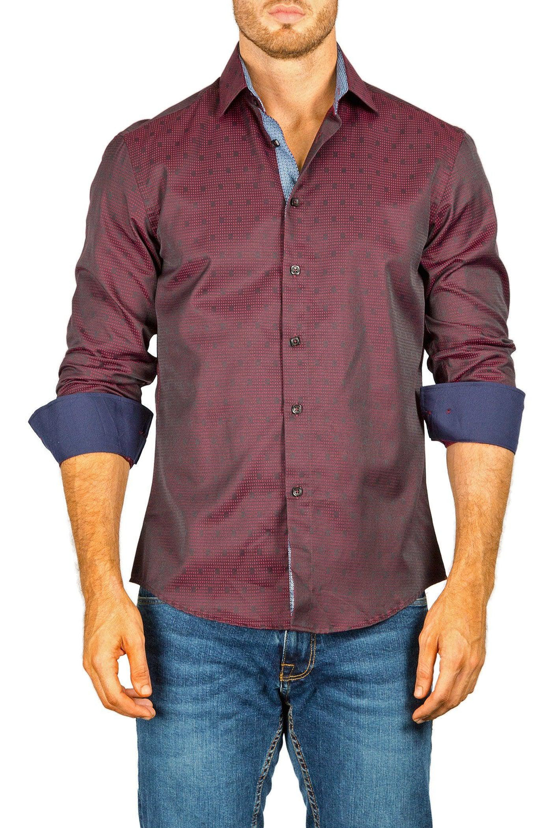 Men's Modern Fit Cotton Button Up Burgundy Dots - Main Image