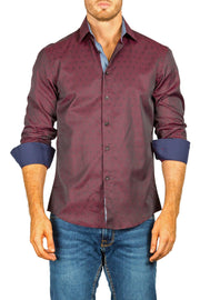 Men's Modern Fit Cotton Button Up Burgundy Dots