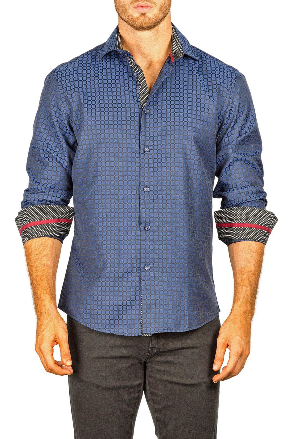 Men's Modern Fit Cotton Button Up Navy Square Pattern