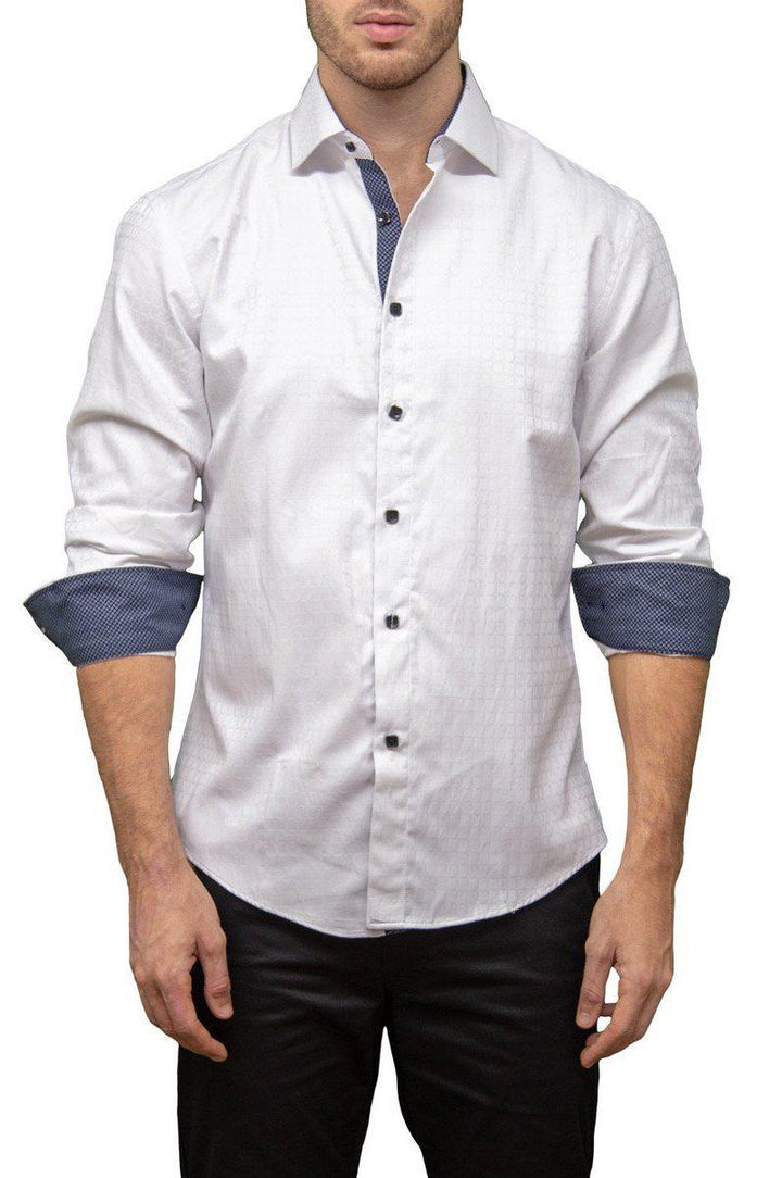 Classic Windowpane Pattern White Button Up Long Sleeve Dress Shirt