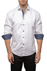 Classic Windowpane Pattern White Button Up Long Sleeve Dress Shirt