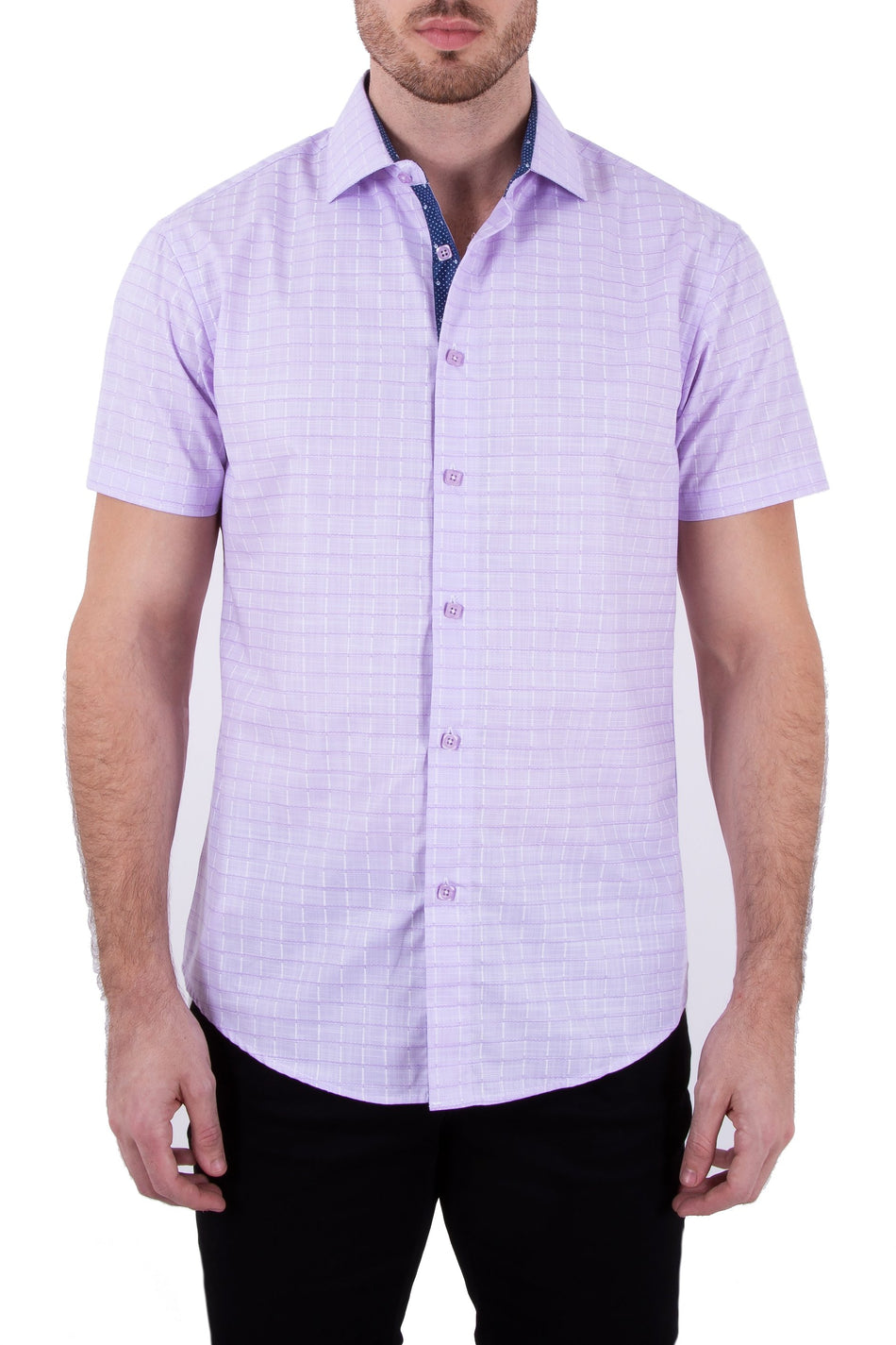 Window Pane Pattern Lilac Linen Button Up Short Sleeve Dress Shirt