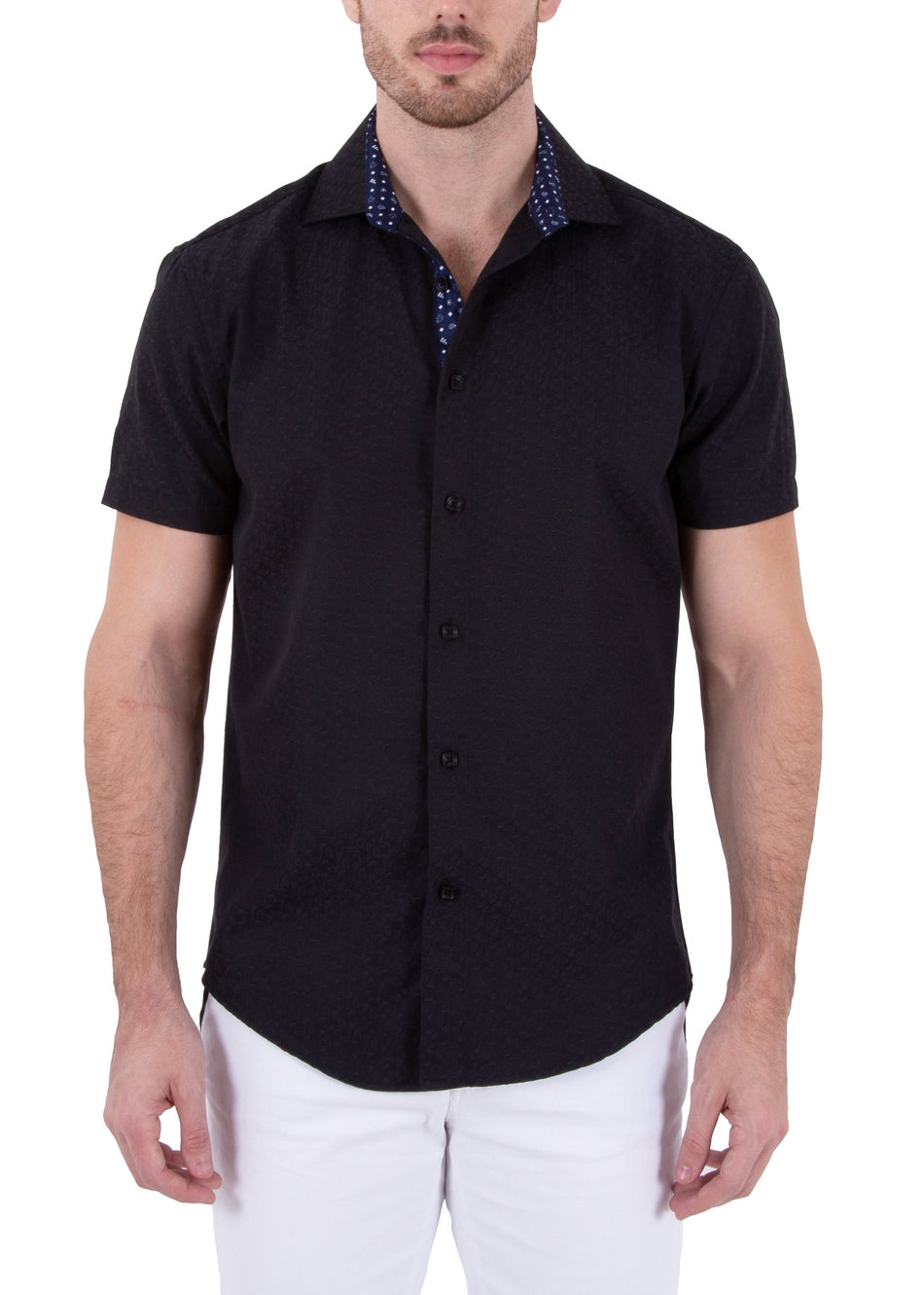Black Microprint Textured Short Sleeve Dress Shirt
