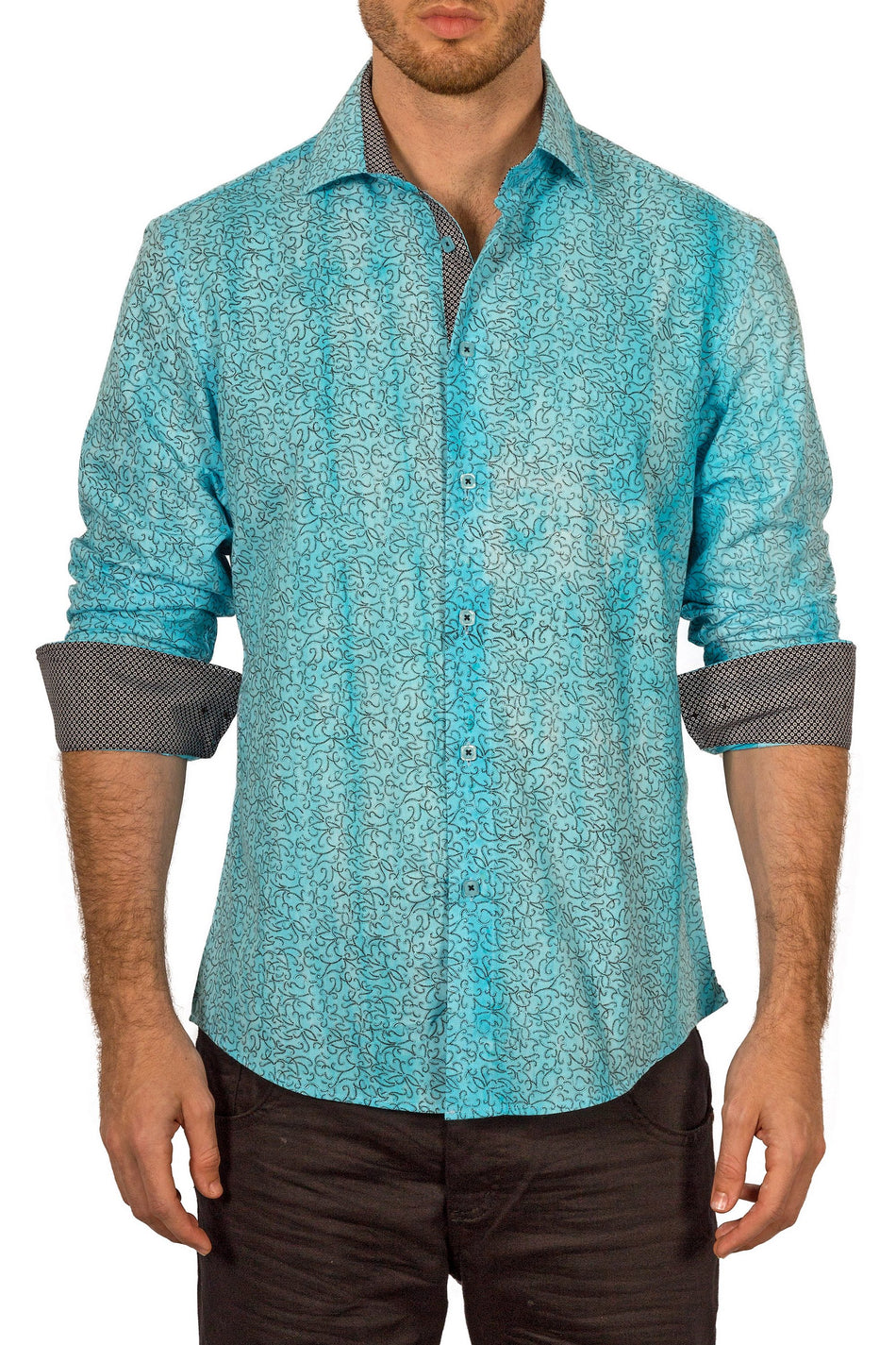 Men's Turquoise Abstract Pattern Long Sleeve Button Up