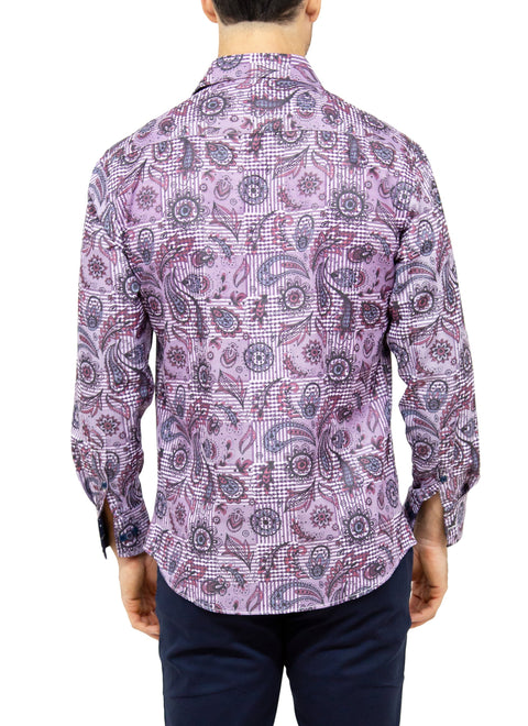 Men's Abstract Paisley Purple Long Sleeve Button Up