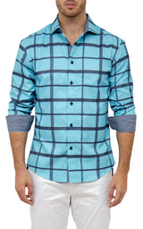 Turquoise Swirl Texture Windowpane Print Long Sleeve Button Up