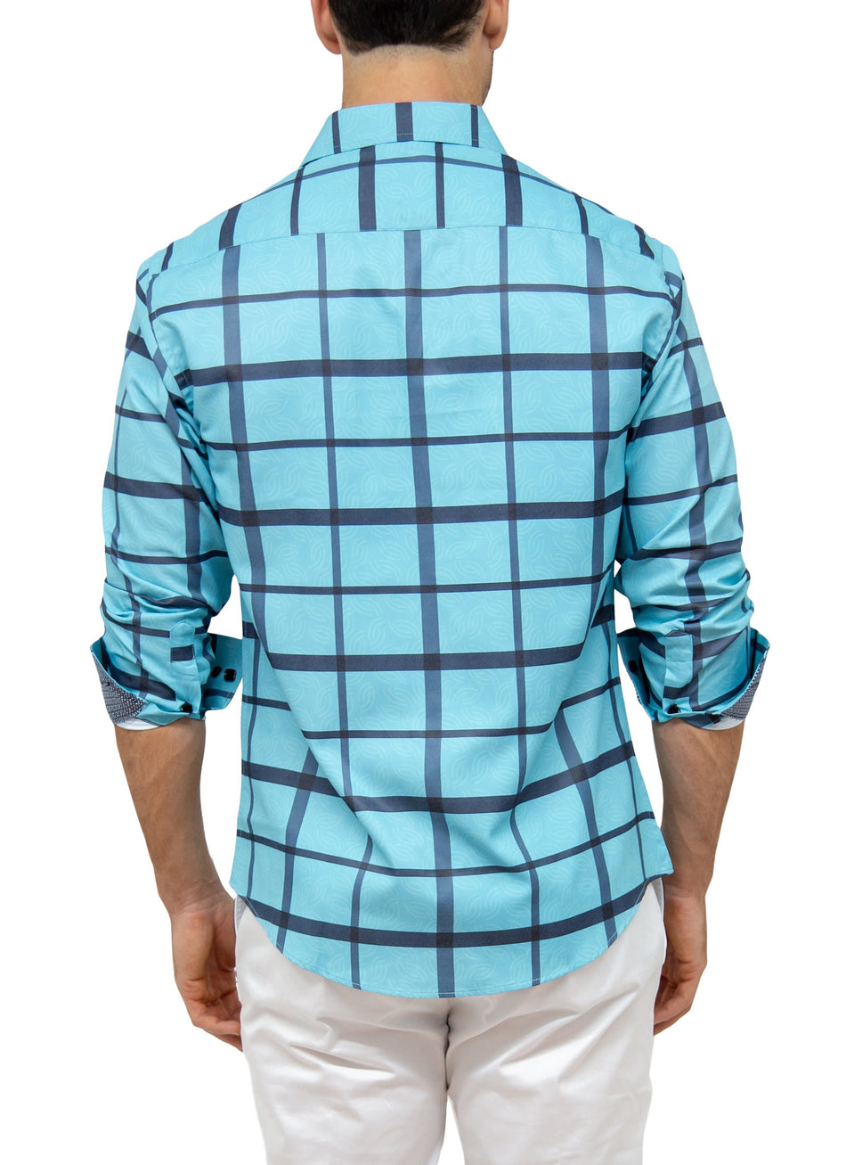 Turquoise Swirl Texture Windowpane Print Long Sleeve Button Up