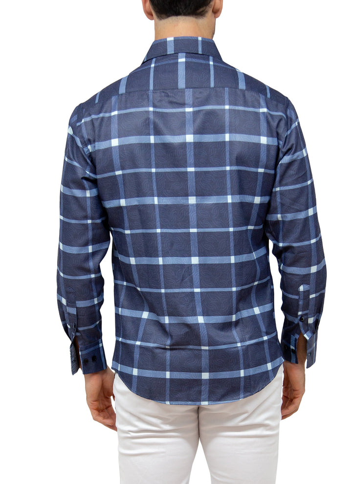 Men's Navy Plaid Print Long Sleeve Button Up