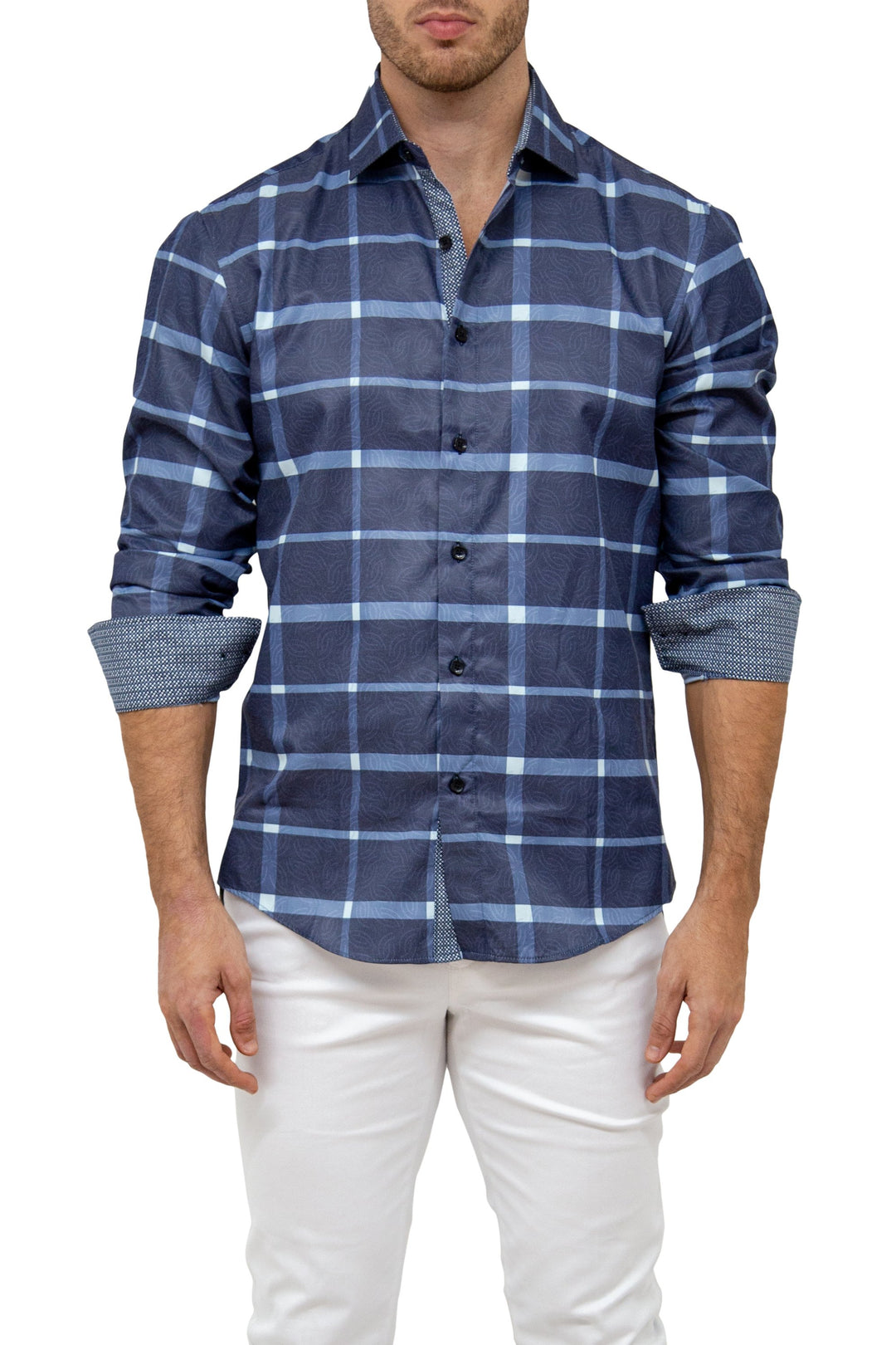 Men's Navy Plaid Print Long Sleeve Button Up